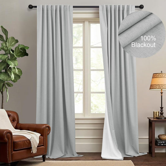 Light Gray Blackout Linen Curtains for Sliding Glass Door
