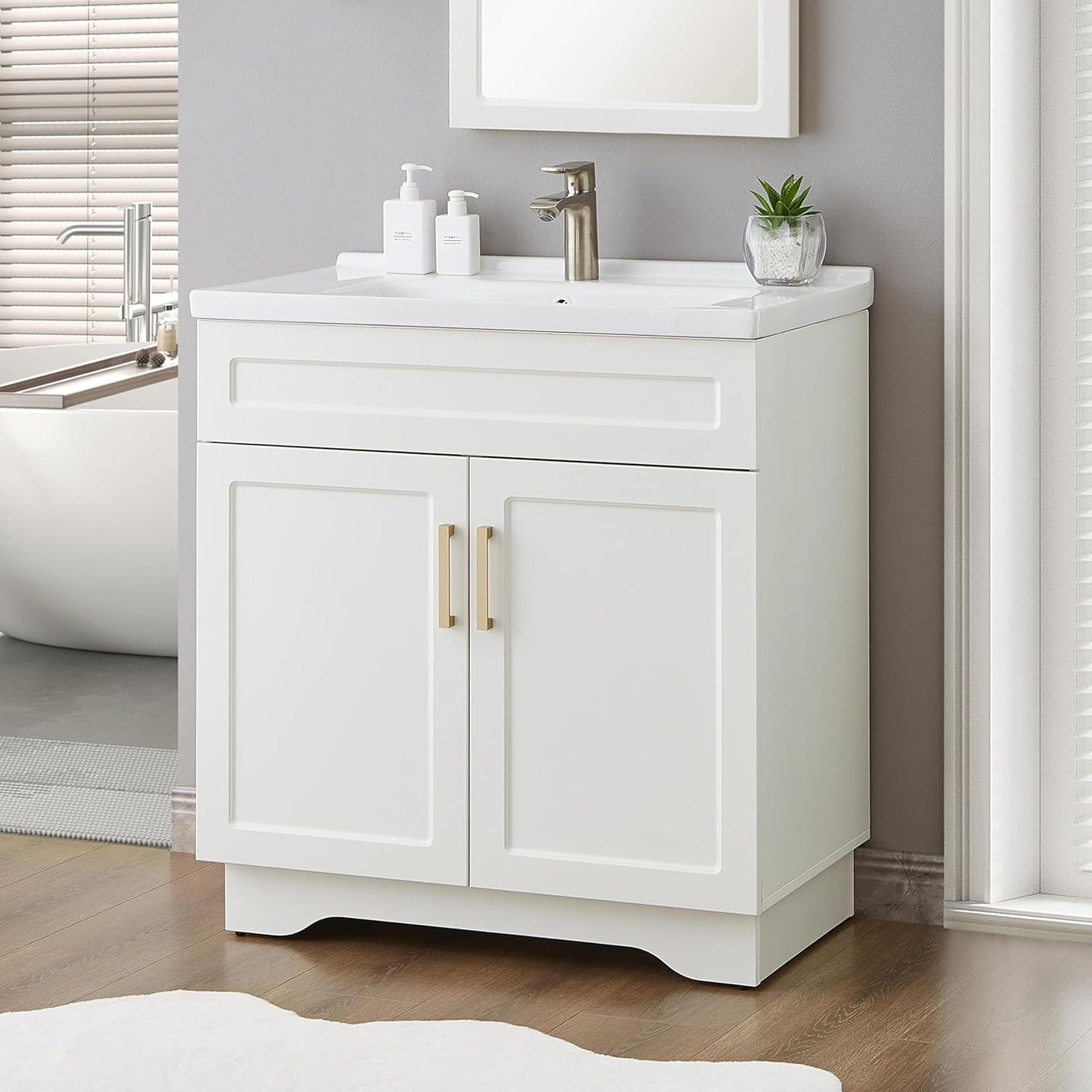 Upgraded Bathroom Vanity with Ceramic Sink and Storage Space