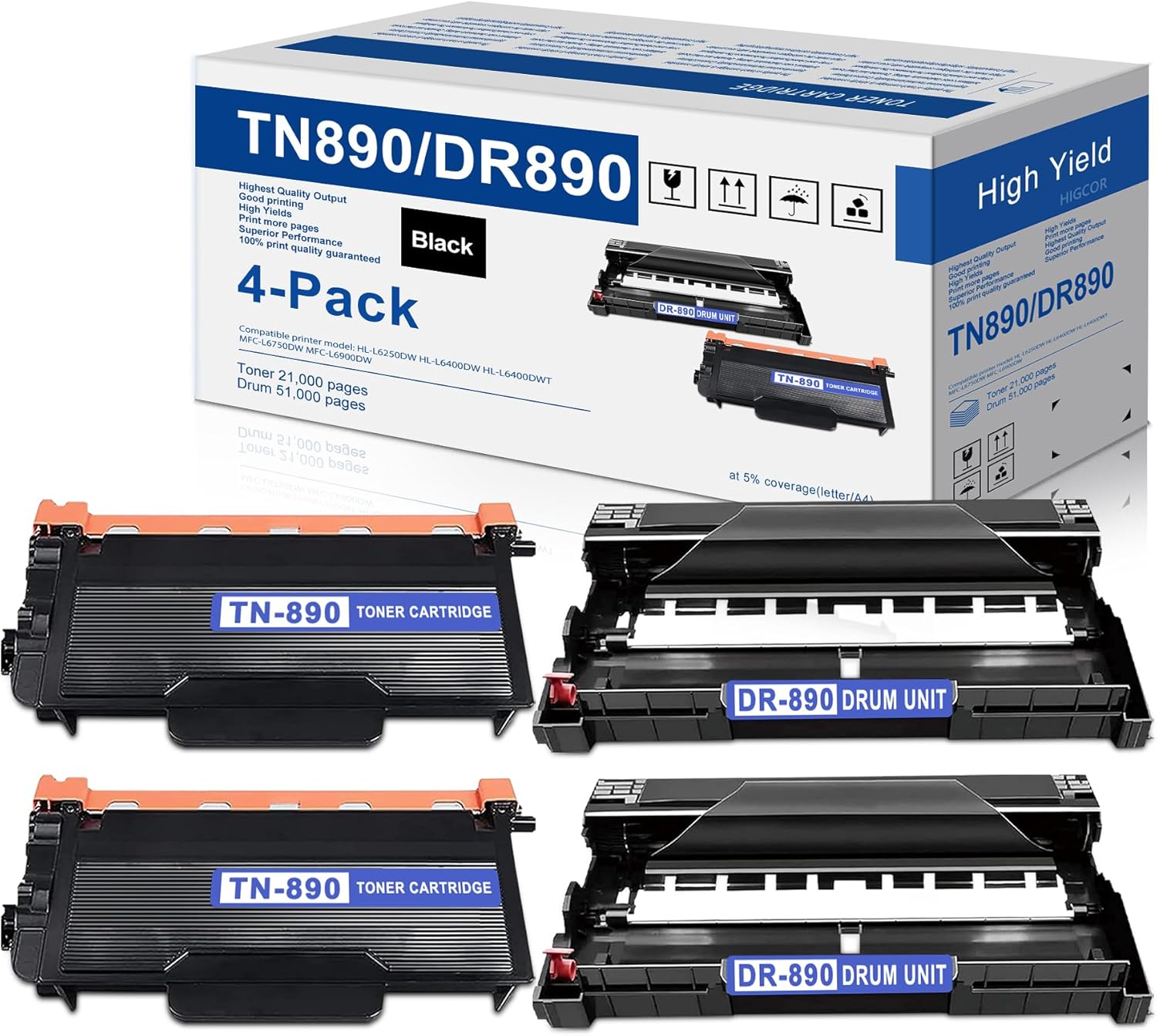2 Pack TN890 Toner Cartridge and DR890 Drum Unit for Brother Printers