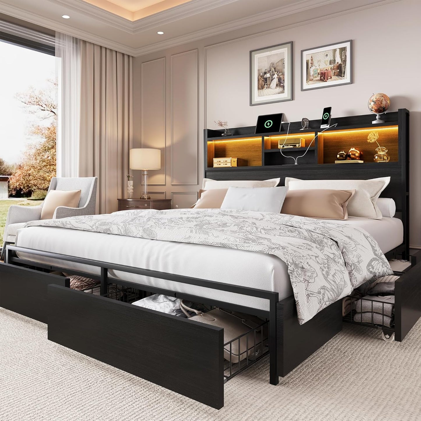 King Size Bed Frame with 6 Storage Drawers and LED Lights