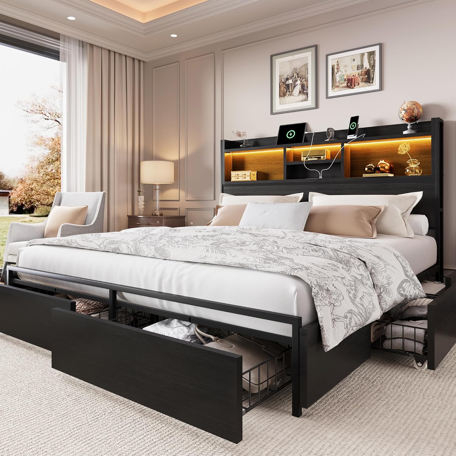 King Size Bed Frame with 6 Storage Drawers and LED Lights