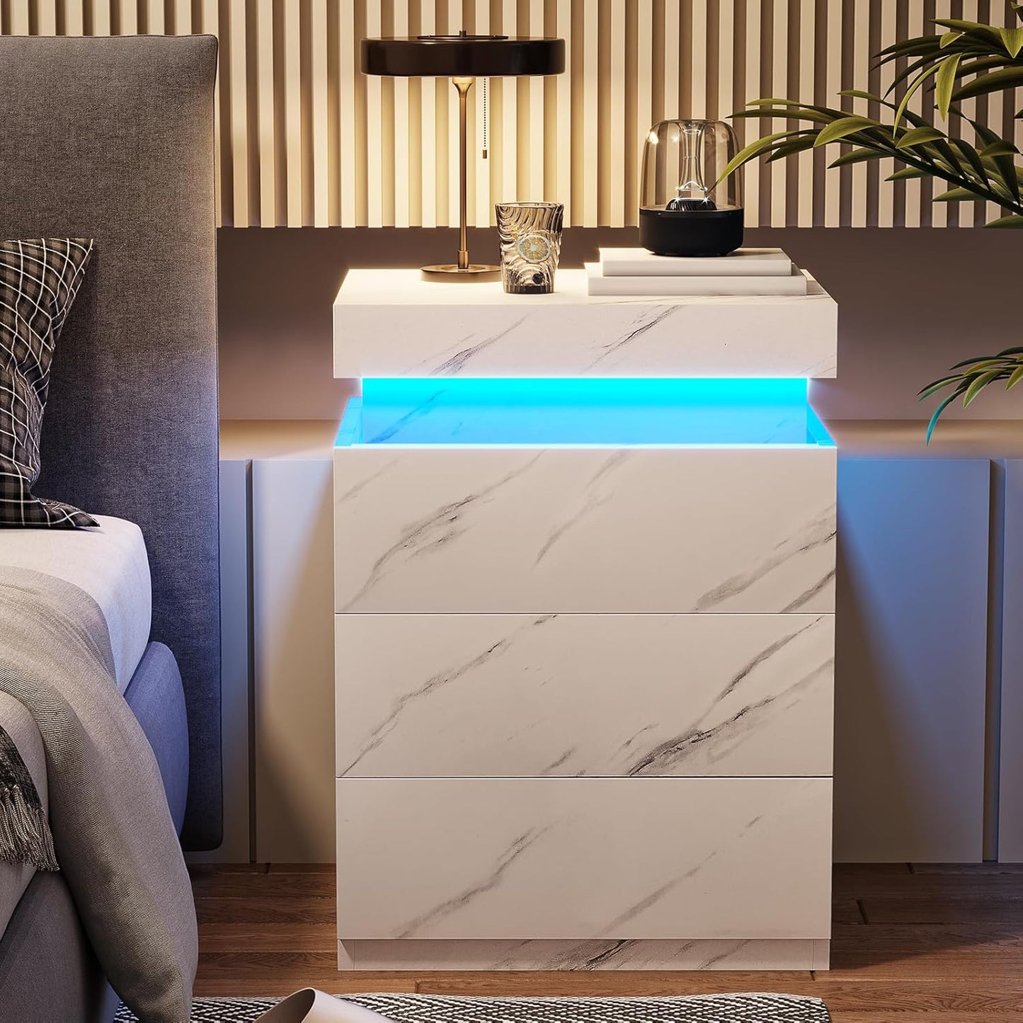 Modern Nightstand with LED Lights and Charging Station for Bedroom