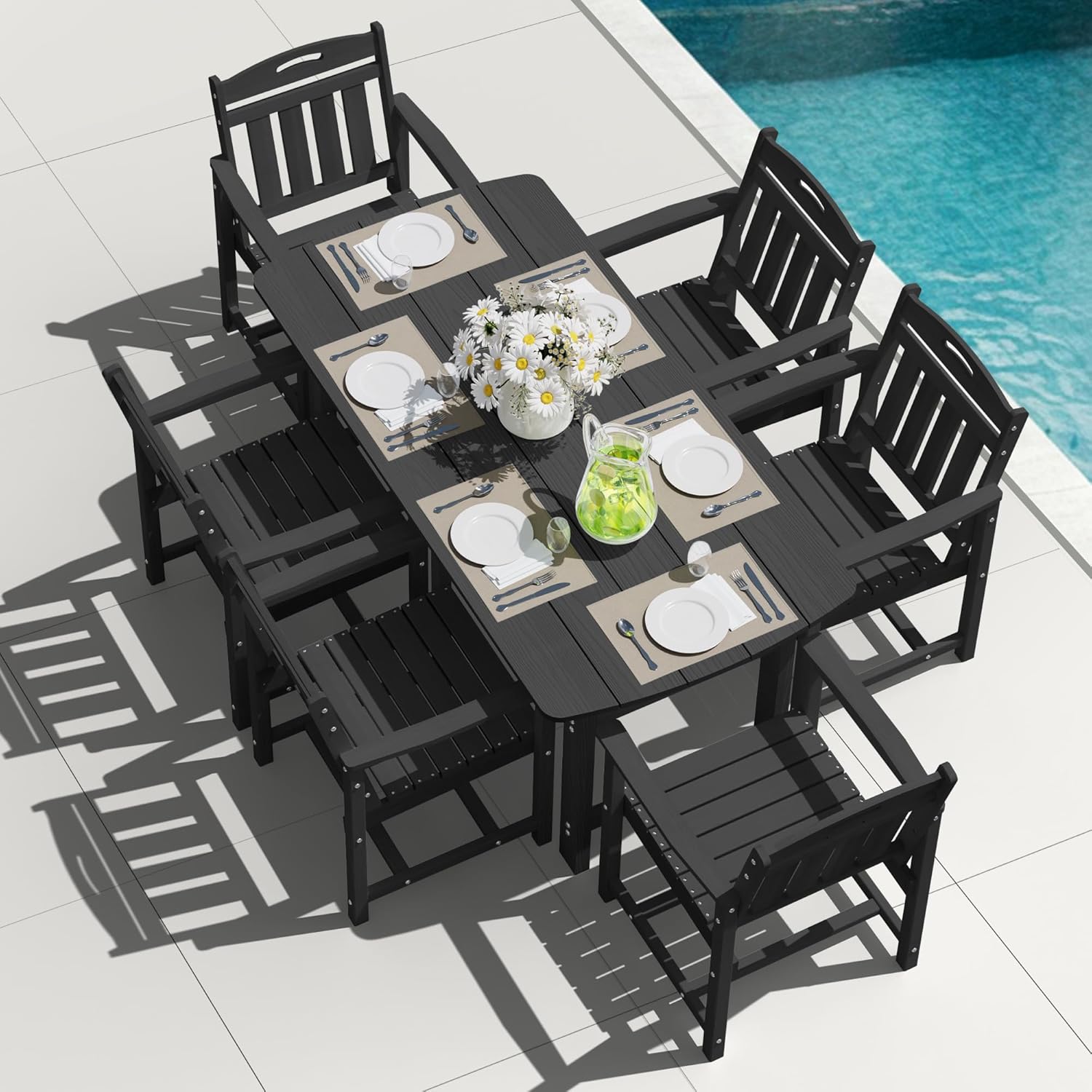 HDPE Outdoor Dining Set for 6 with Umbrella Hole - Matte Black