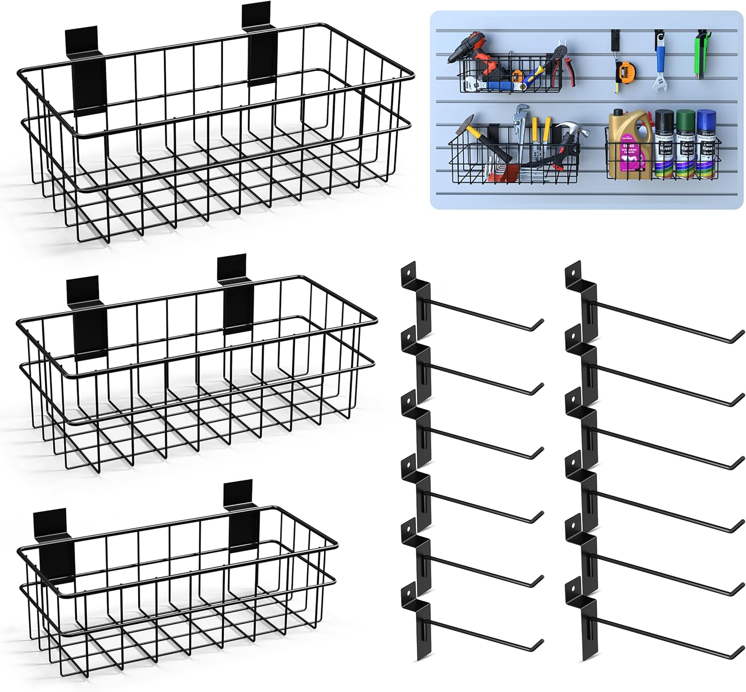 Slatwall Accessories Kit with Multi-Sized Baskets and Hooks