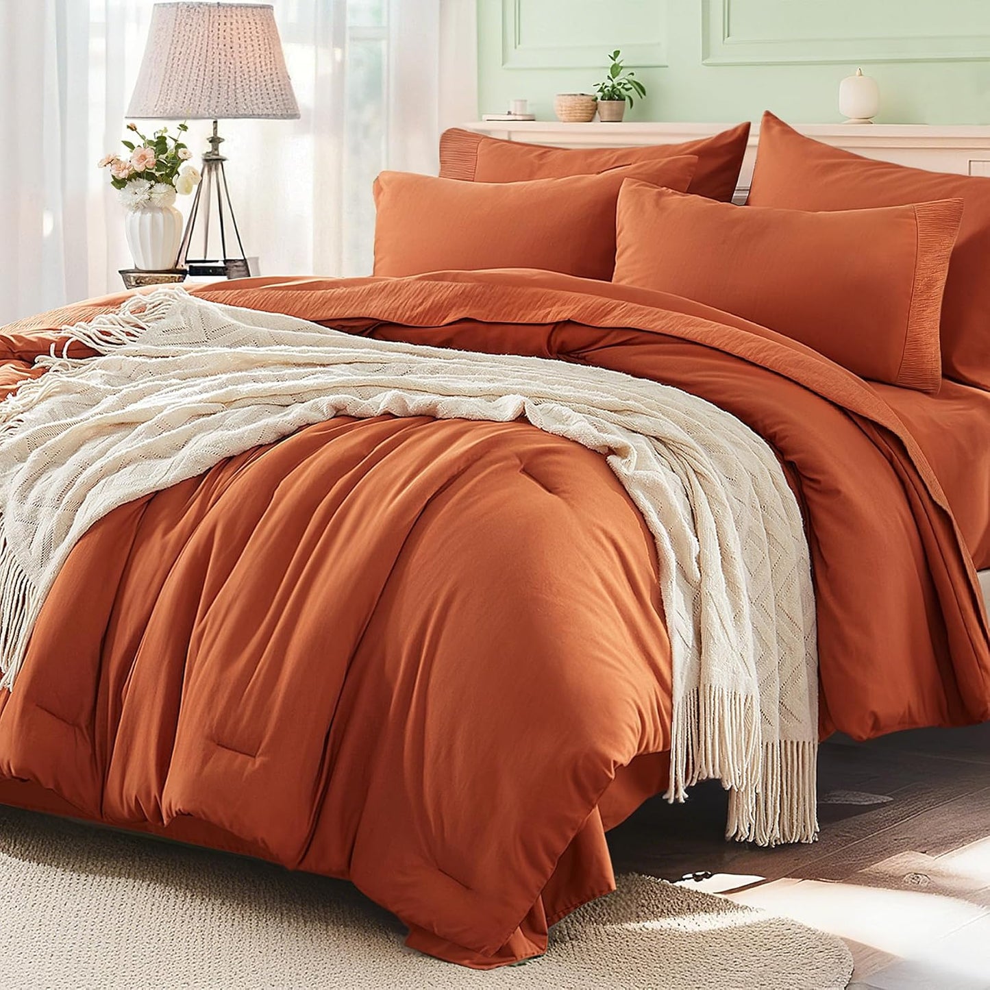 Burnt Orange Queen Comforter Set 7 Pieces for All Seasons