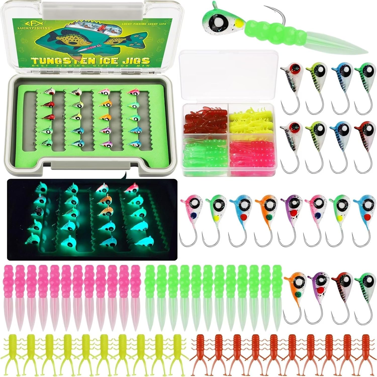 Glow-in-Dark Tungsten Ice Fishing Jigs - 20pcs - Crappie Walleye Panfish Lures