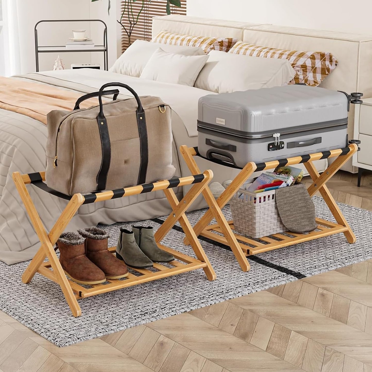 Fully Assembled Bamboo Luggage Racks for Guest Room Storage