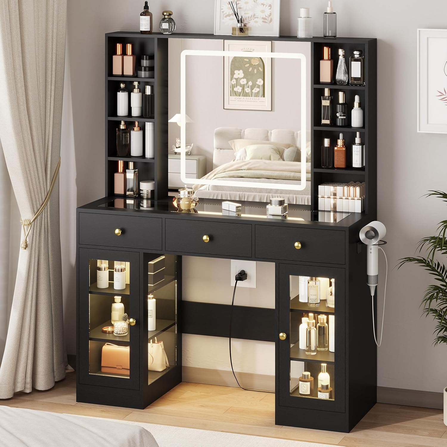 Black Vanity Desk with Mirror and Lights for Girls Bedroom