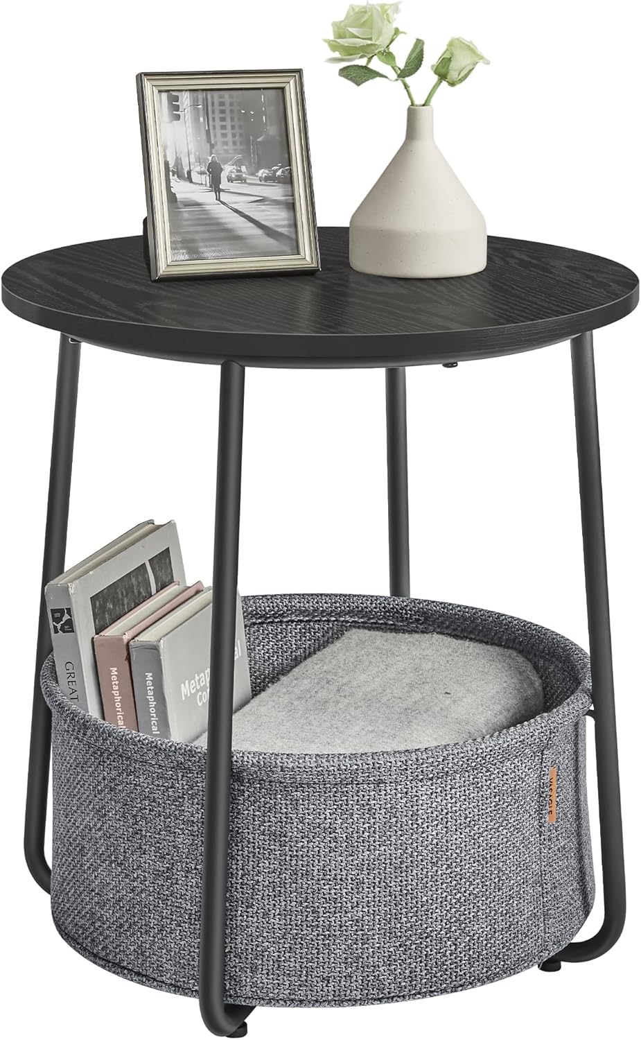 Modern Small Round Side End Table with Fabric Basket Storage