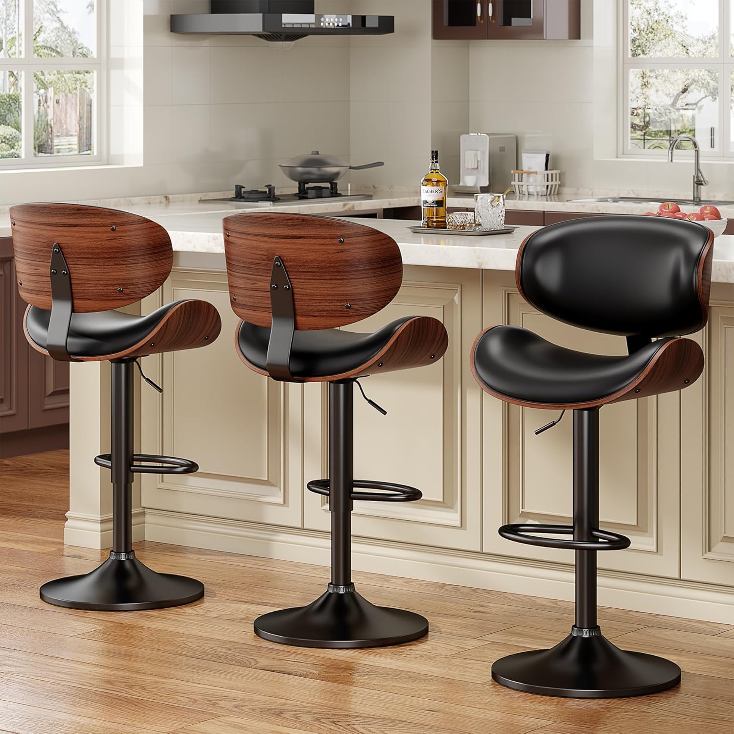 Bentwood Adjustable Height Swivel Bar Stools Set of 3 for Dining