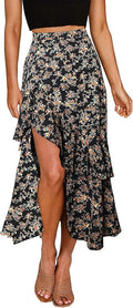 Boho Floral High Low Maxi Skirt - Elastic Waist Swing Beachwear