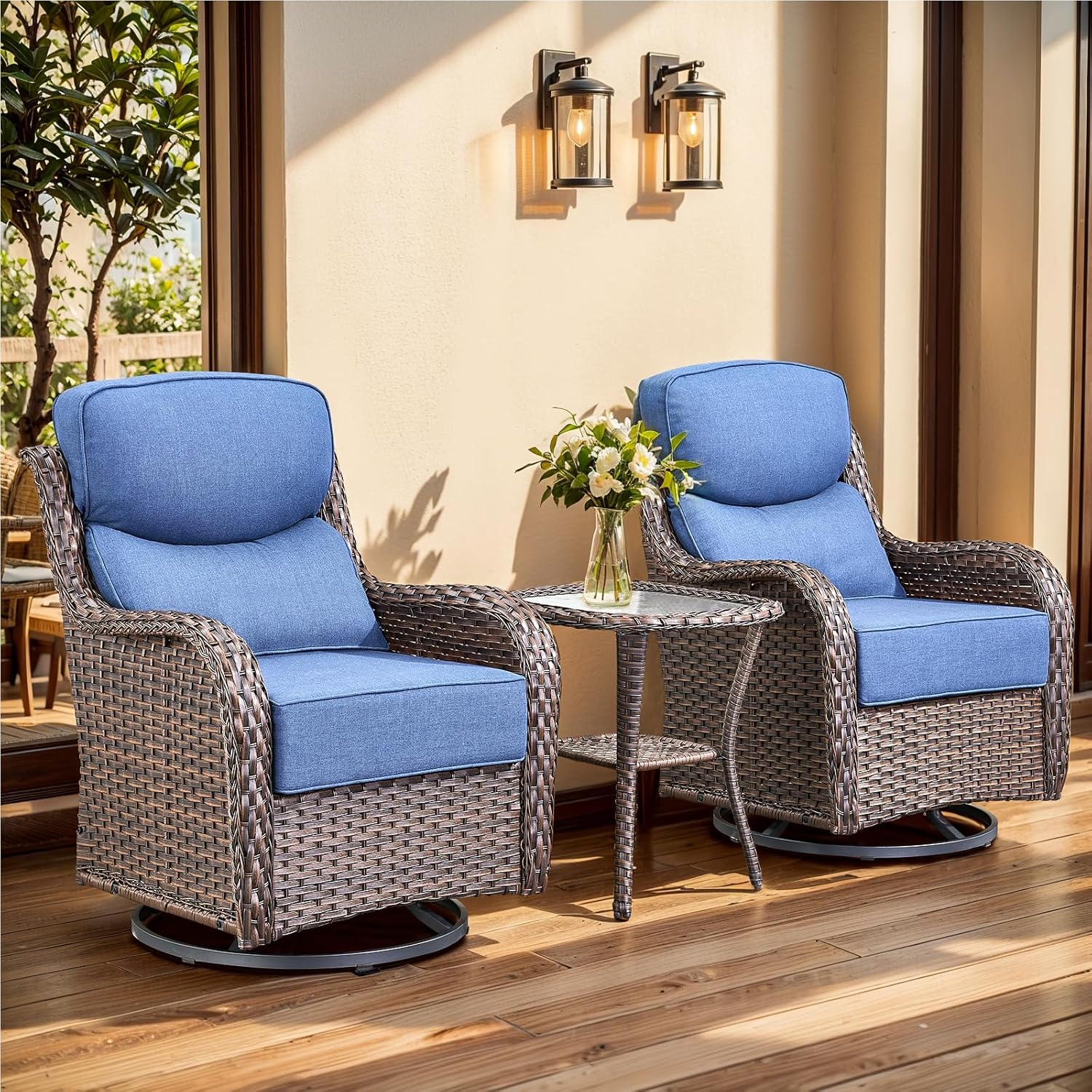 Premium Swivel Rocker Chairs Set, Thick Cushions, Wicker, Brown/Blue