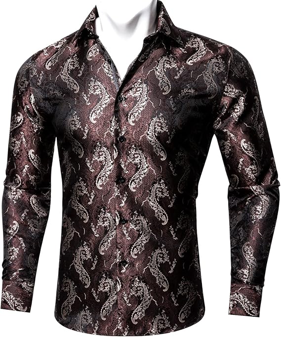Barry.Wang Men Dress Shirt - Paisley Flower Silk Long Sleeve