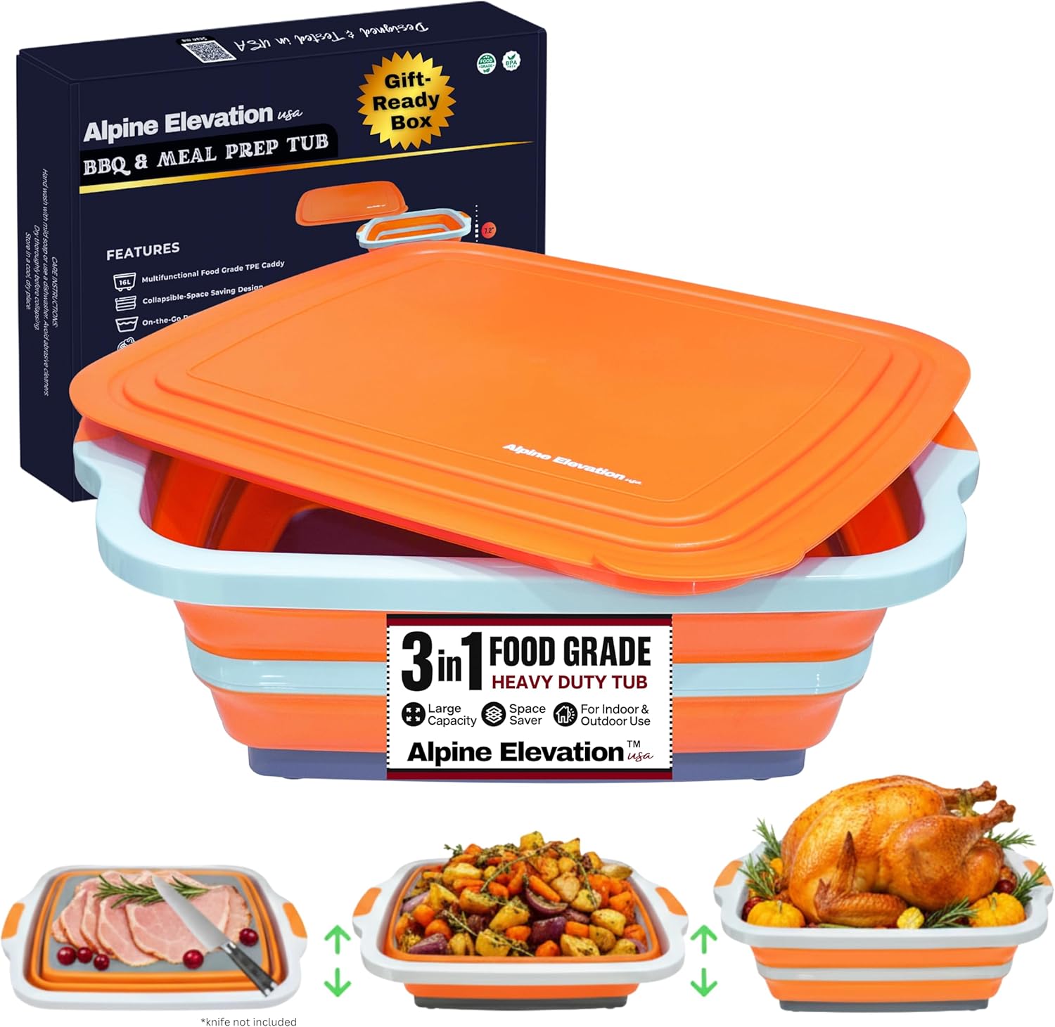 Collapsible X-Large BBQ Marinating Tub with Cutting Board