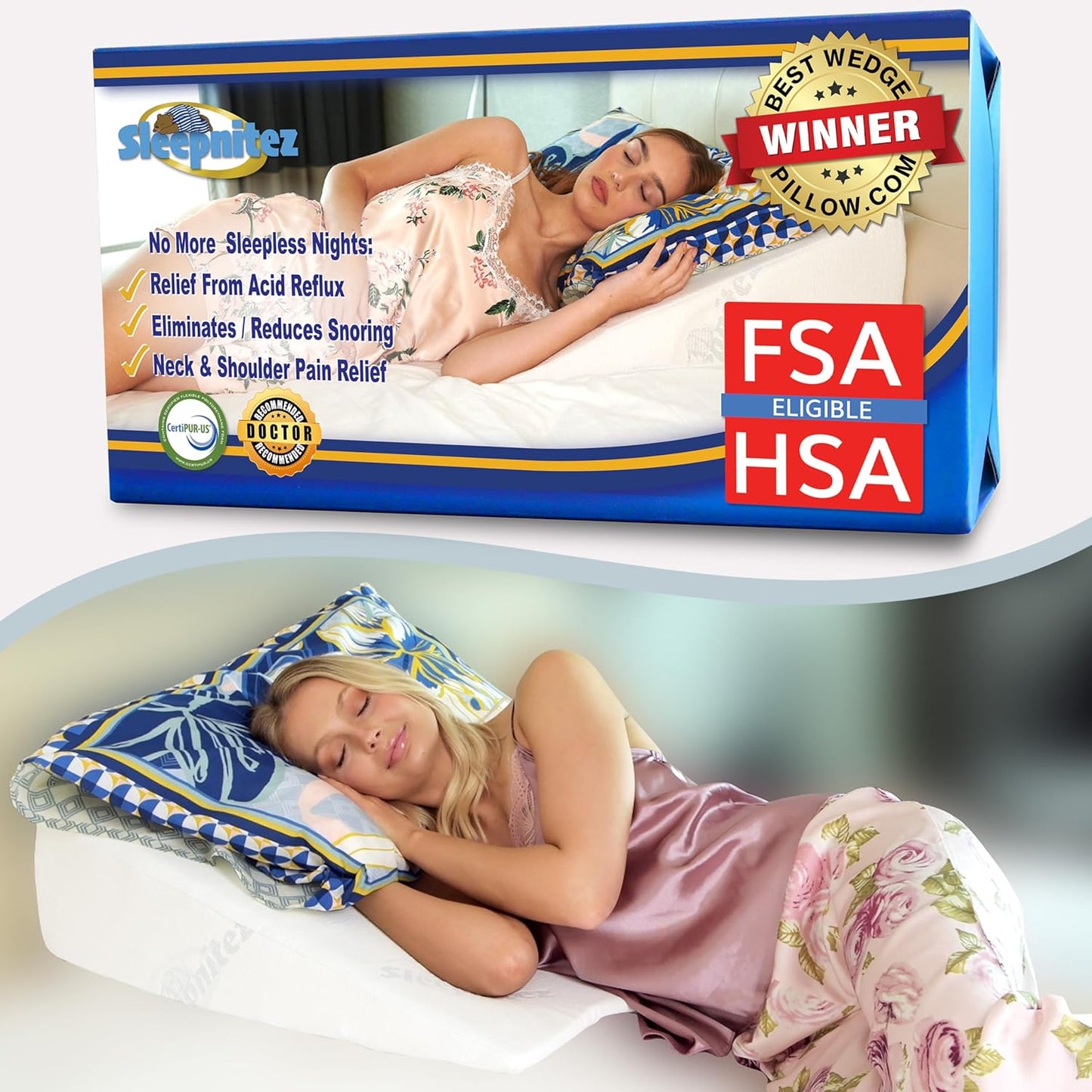 Sleepnitez 8in Memory Foam Wedge Pillow for Better Sleep