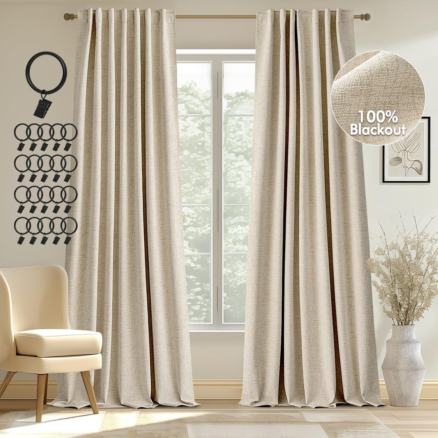 MIULEE 100% Blackout Linen Curtains for Total Room Darkening