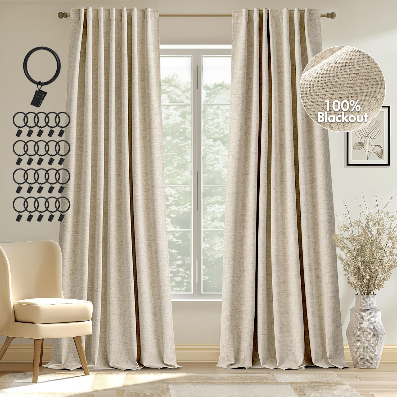 MIULEE 100% Blackout Linen Curtains for Total Room Darkening