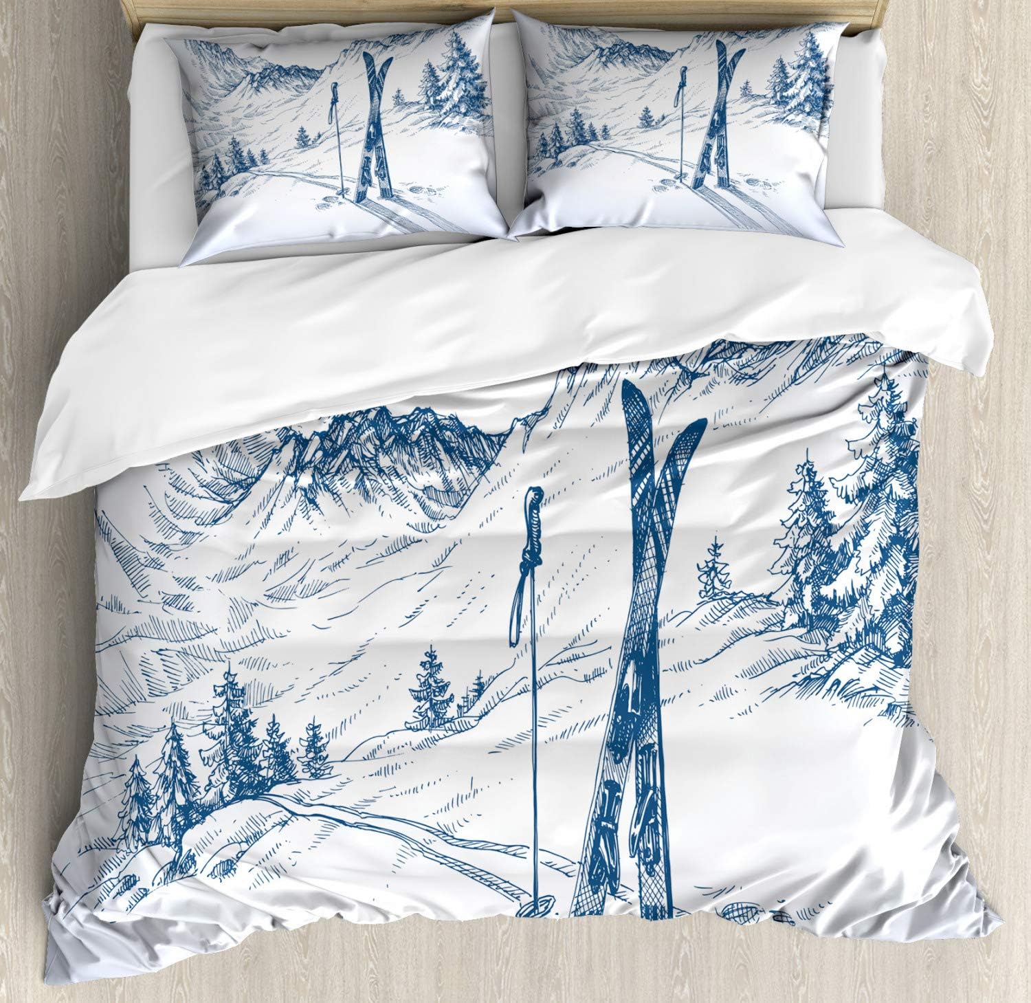 Cozy Snowy Retreat 3pc Bedding Set, Blue White Queen Ambesonne