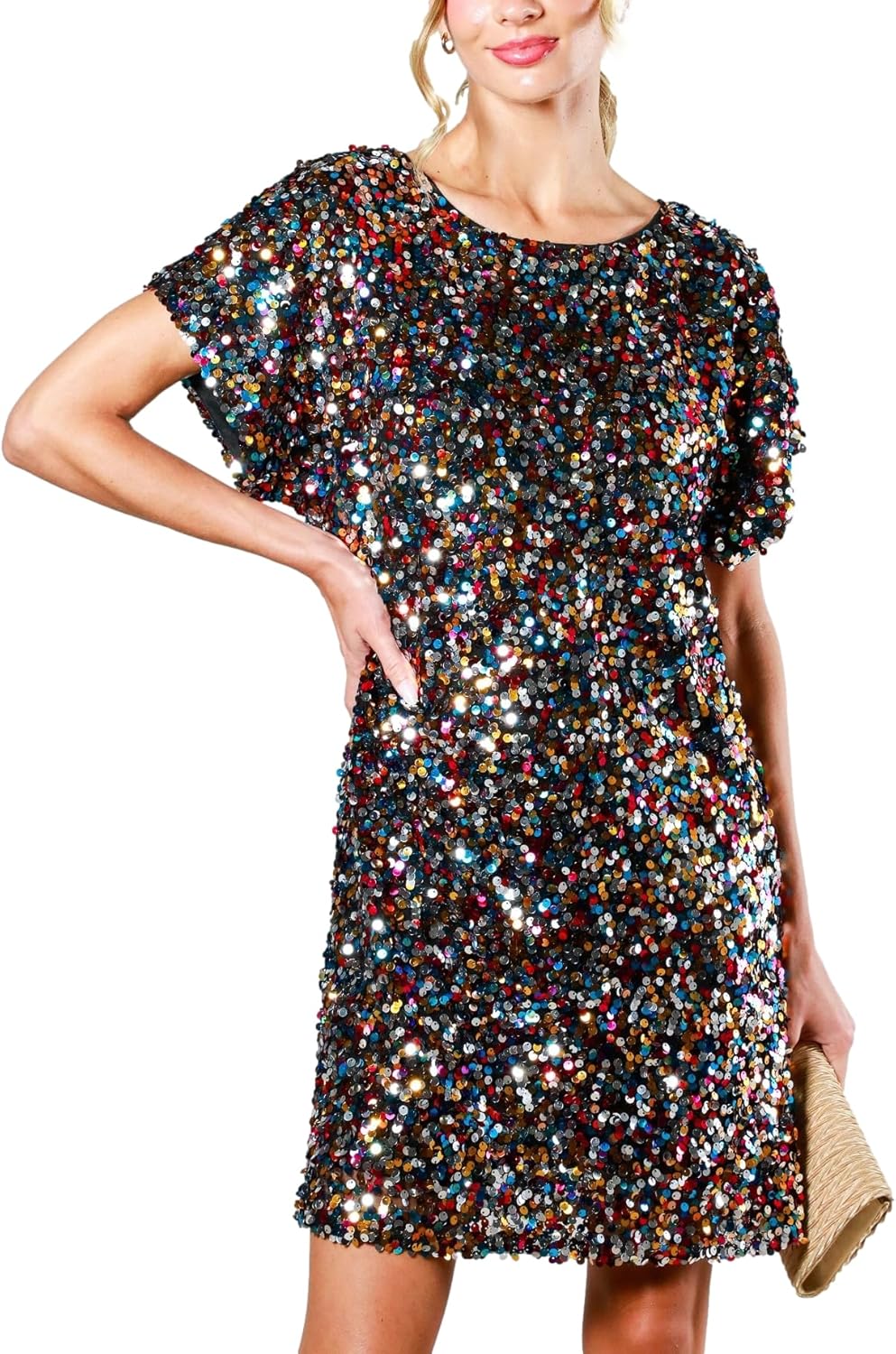 Women's Crewneck Sequin Shift Dress for Casual Holiday Parties