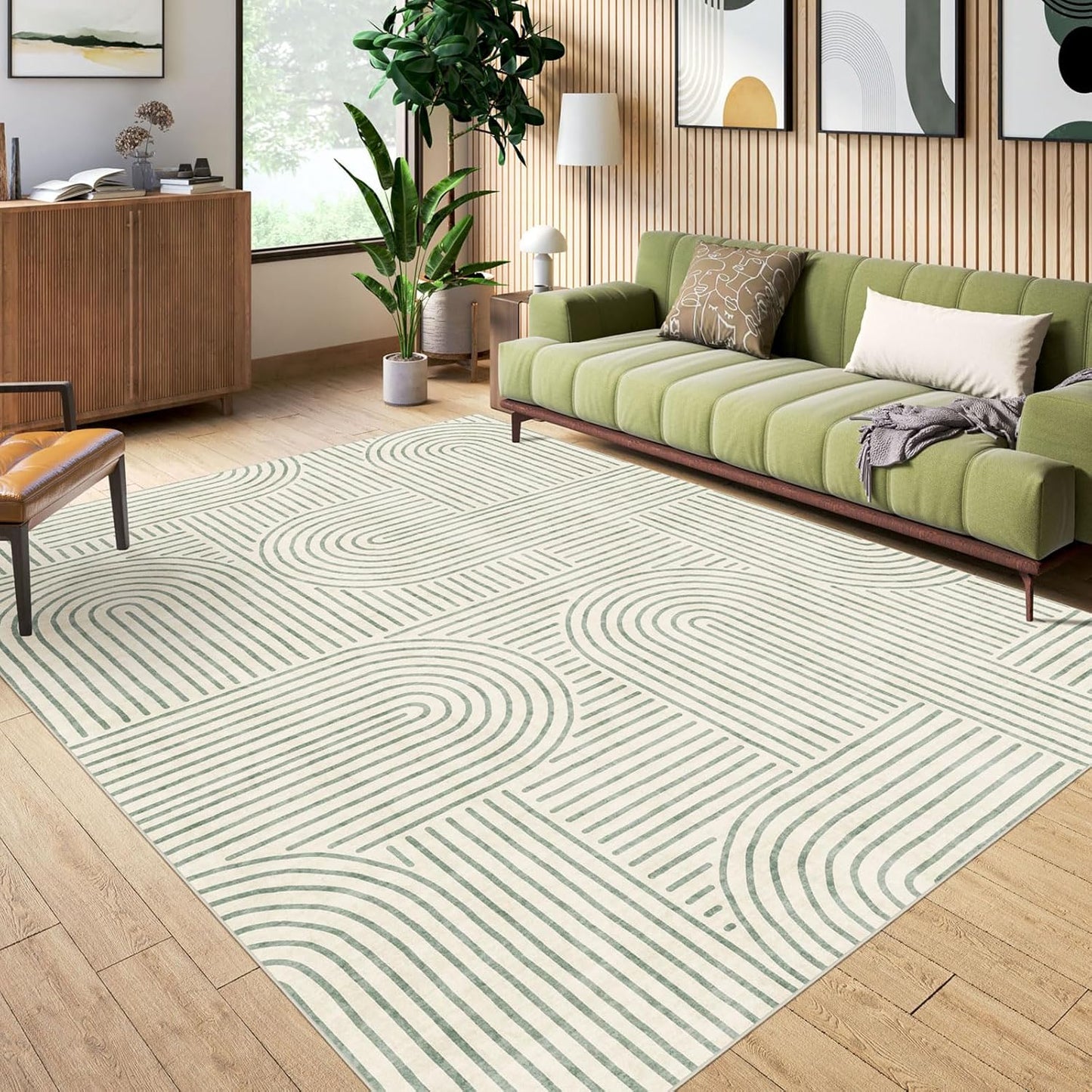 Washable Area Rug 8x10 - Large Sage Green Boho Rug for Home