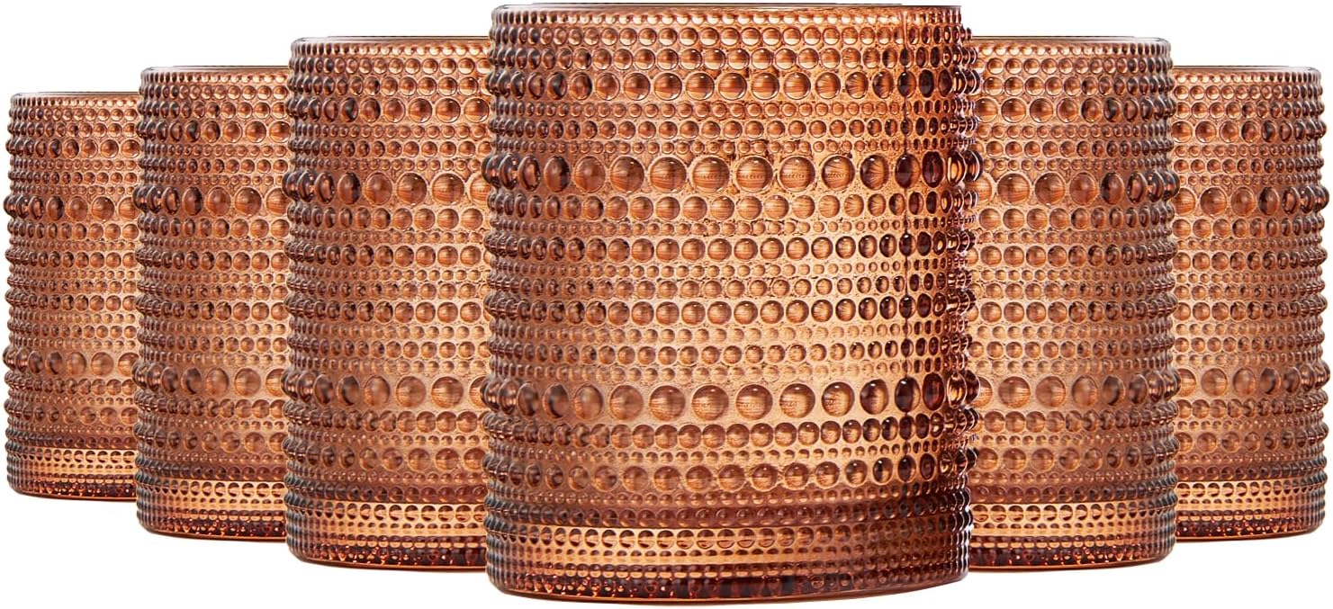 Burnt Orange Amber Hobnail Drinking Glasses Set of 6 Vintage