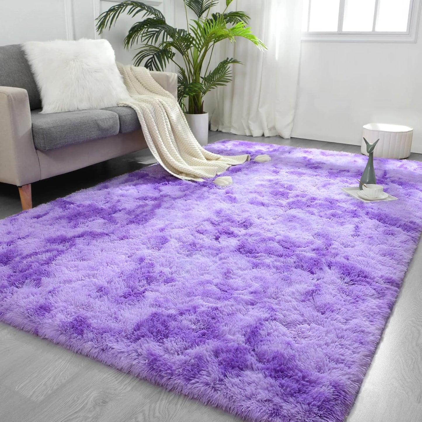 FlyDOIT Purple Tie-Dyed 9x12 Feet Large Shaggy Rug for Home