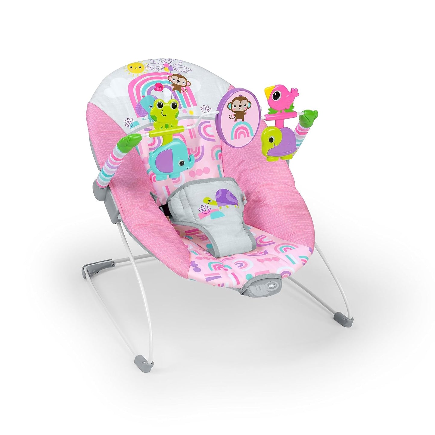 Bright Starts Pink Paradise Baby Bouncer - Vibrating Seat, Toy Bar - Max Weight 20 lbs
