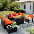 8 Piece Black Rattan Patio Conversation Set with 44in Gas Fire Pit