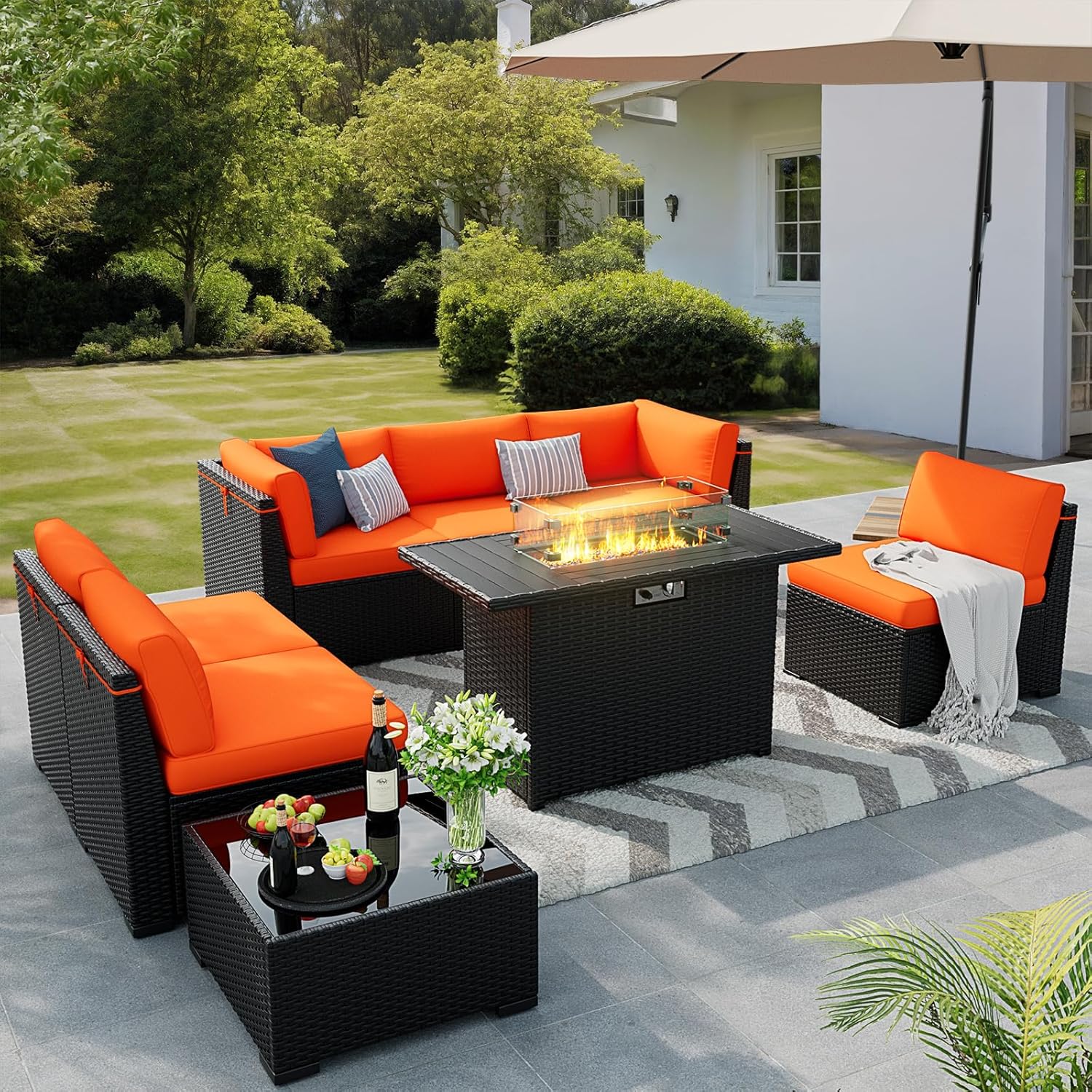 8 Pieces Outdoor Patio Furniture Set with Fire Pit Table