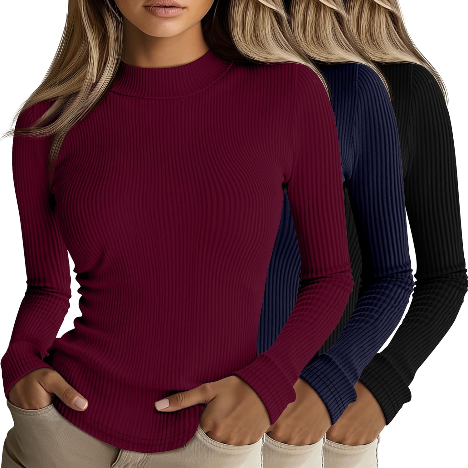 Riyiper Women's Ribbed Mock Turtleneck Long Sleeve Tops 3 Pack