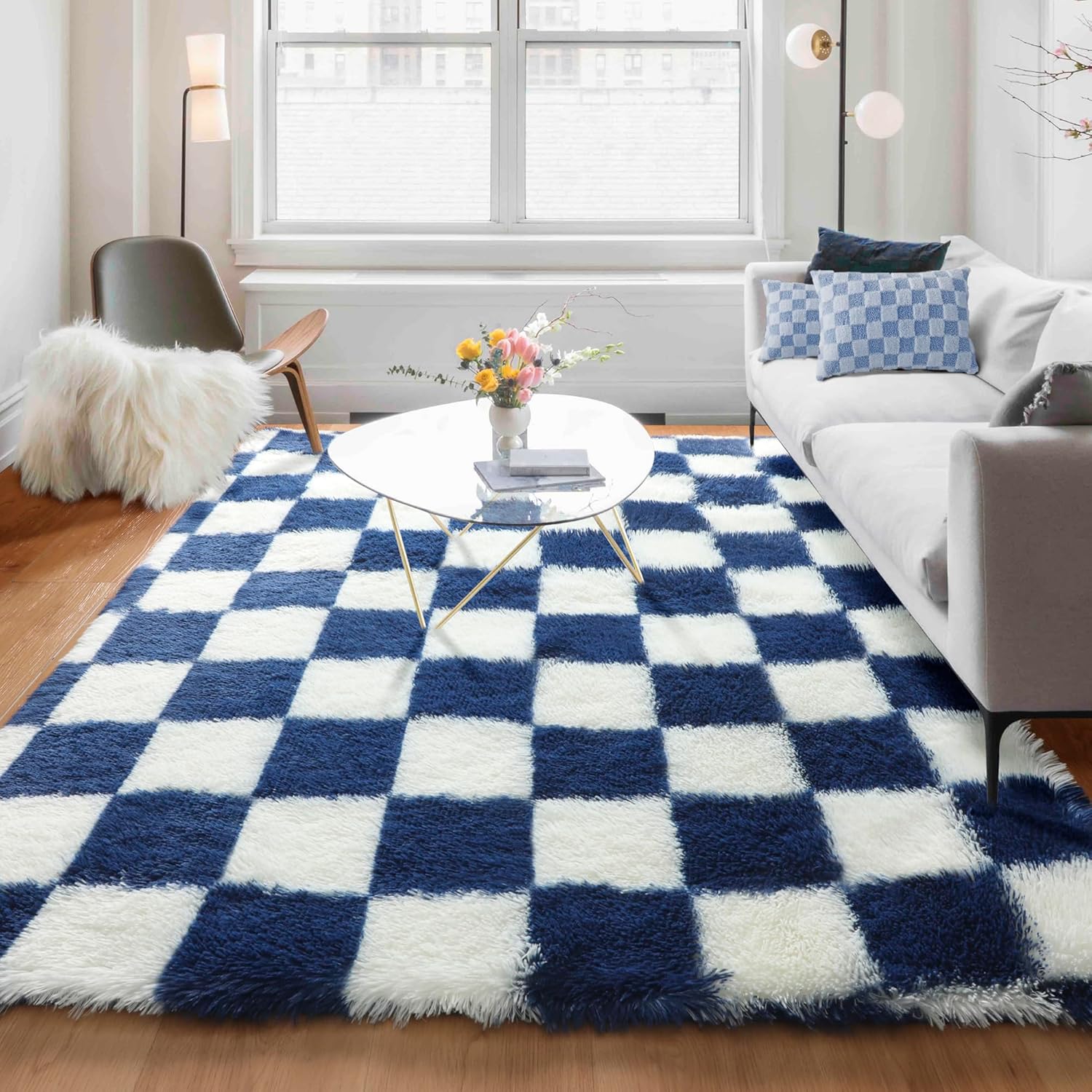 KICMOR 5x8 Area Rug - Soft Fluffy Checkered Shag Carpet