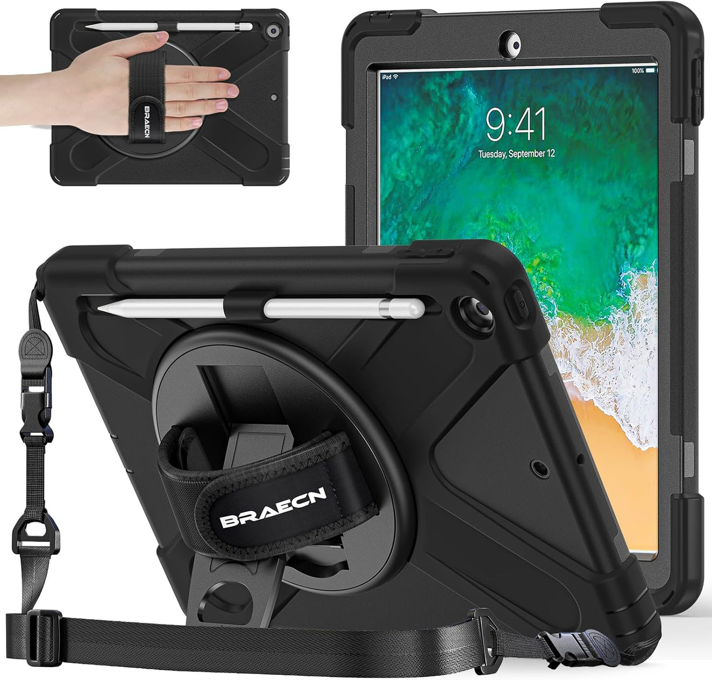Shockproof iPad 9.7 Case with 360 Rotating Stand and Straps