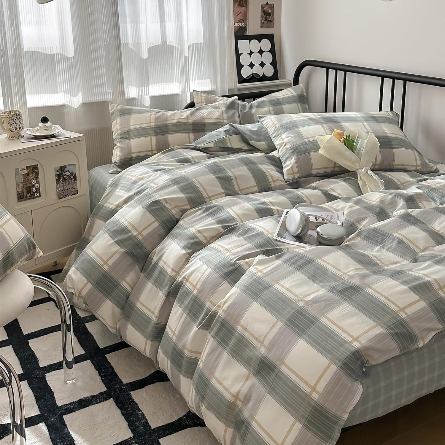 Twin XL Comforter Set Geometric Checkered Plaid Bedding Soft