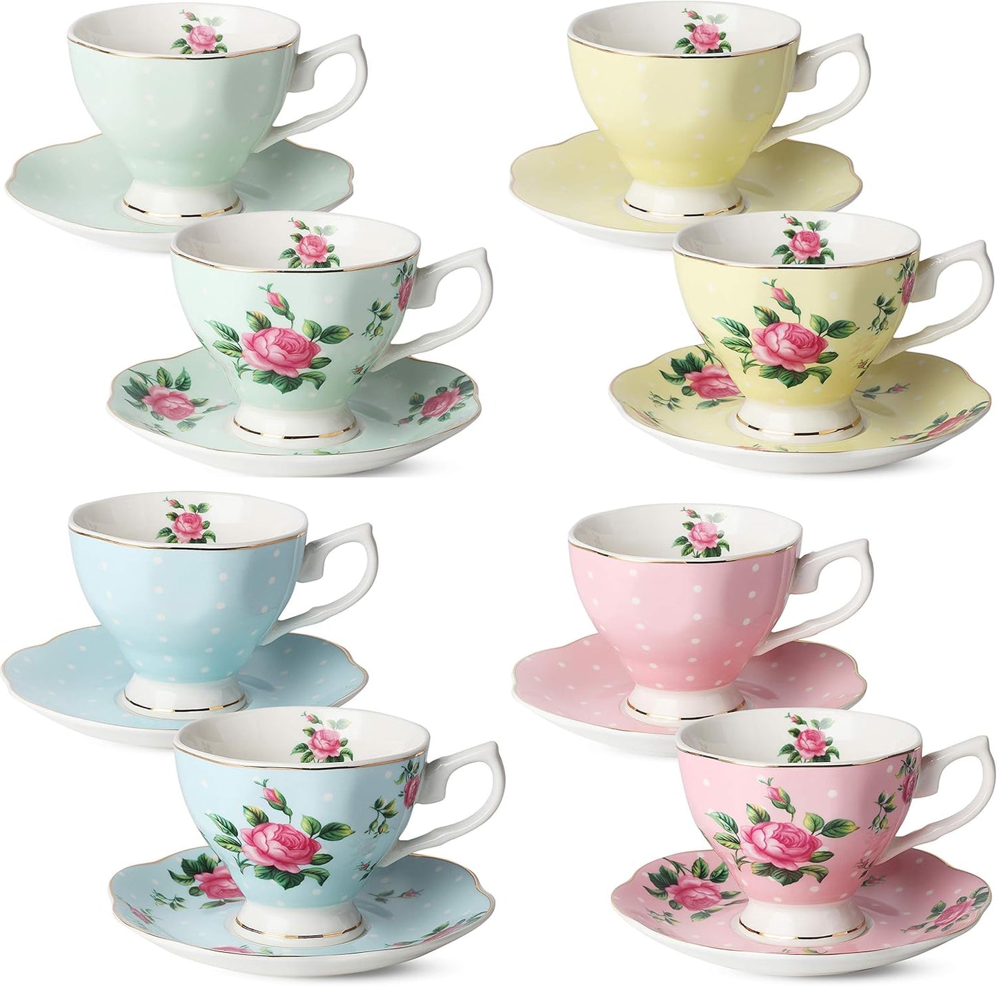 Floral Tea Cups and Saucers Set of 8 with Gold Trim Gift Box
