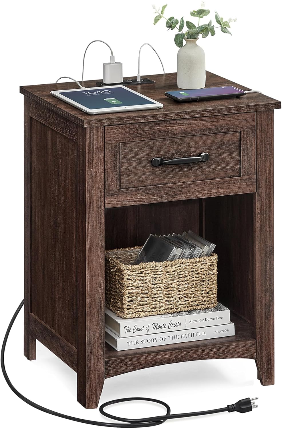 Farmhouse Nightstand with Charging Station for Bedroom Use