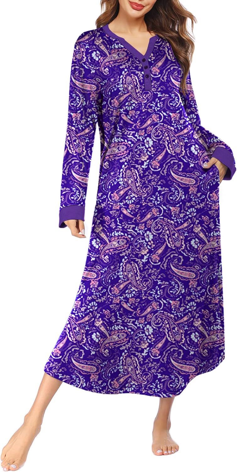 Ekouaer Womens Nightgown Long Loungewear V Neck Sleepwear