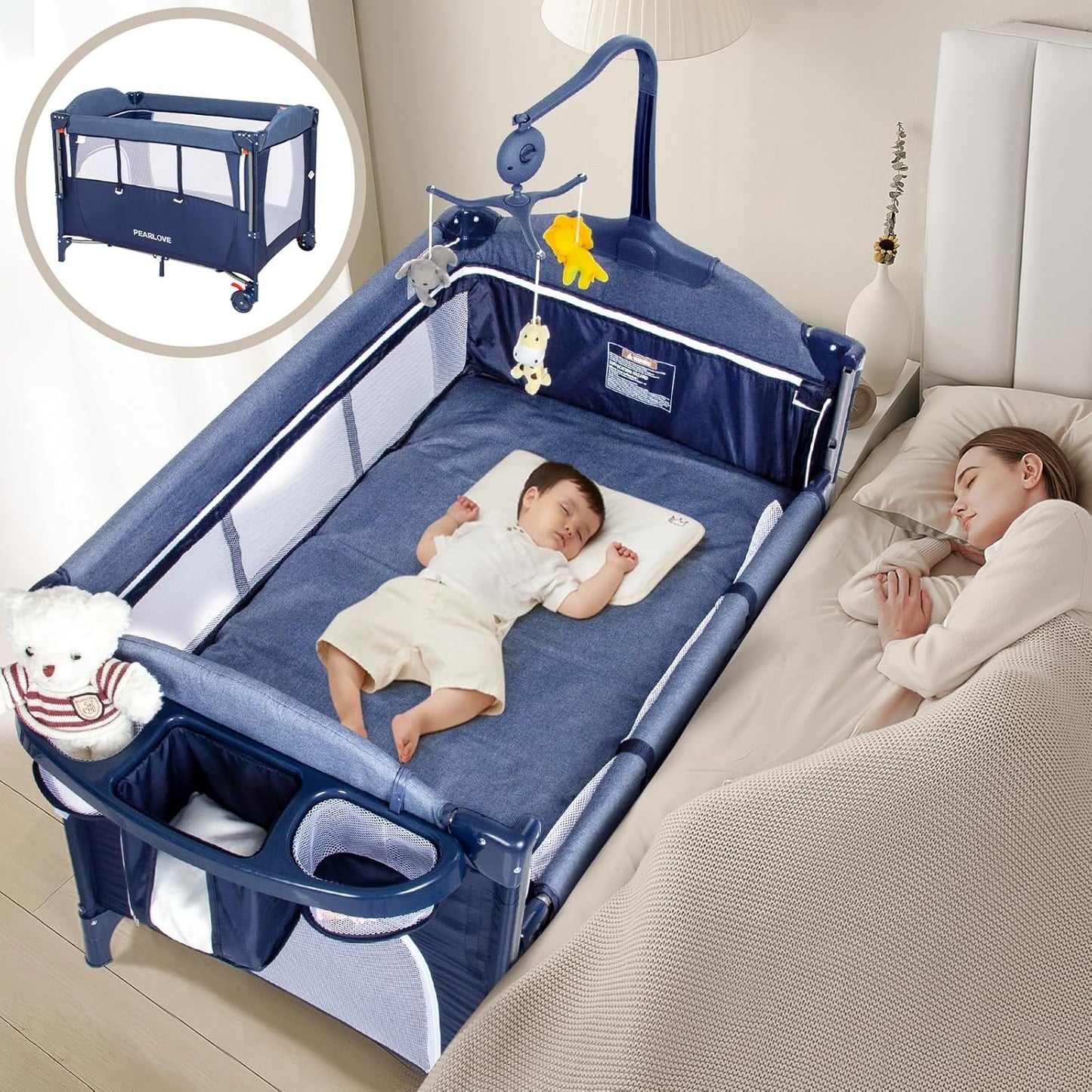 5-in-1 Baby Bedside Crib with Portable Diaper Changing Table