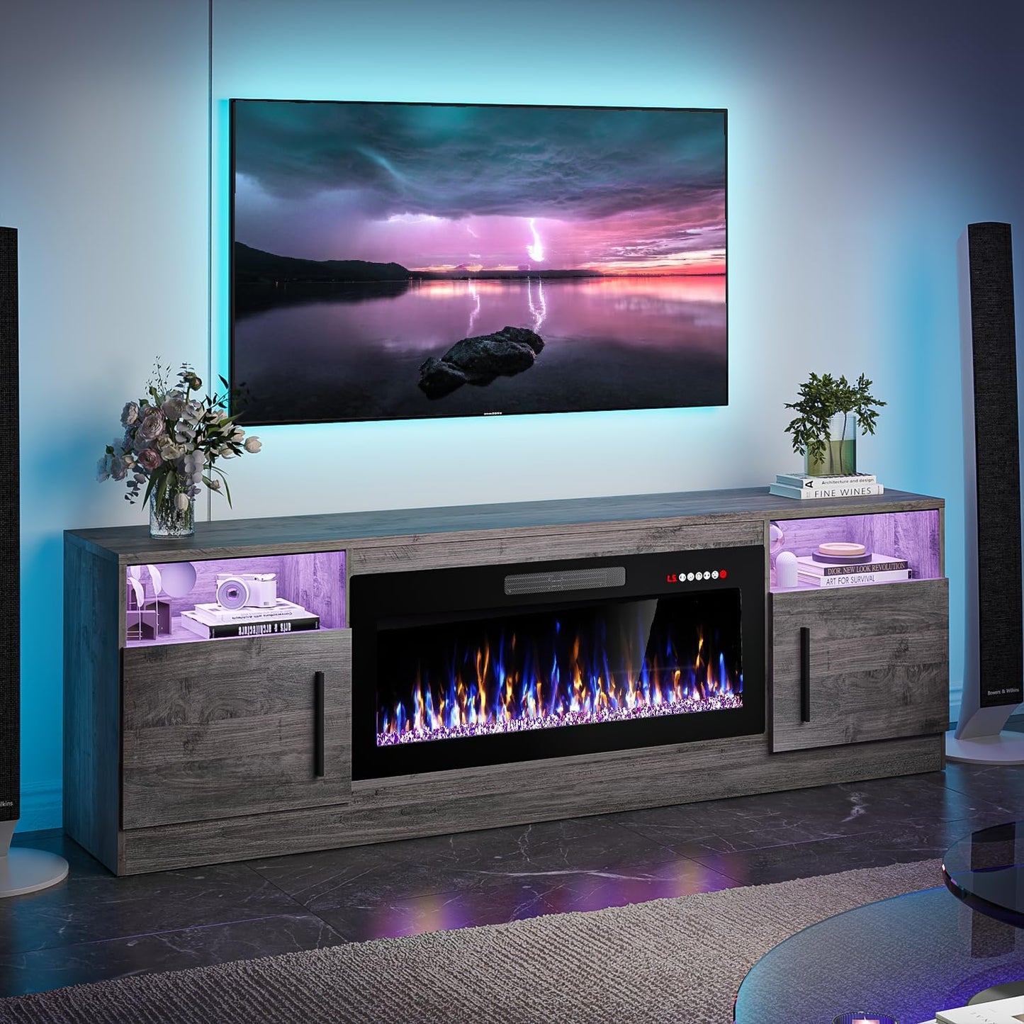 Modern High Gloss Electric Fireplace TV Stand for 80 TVs