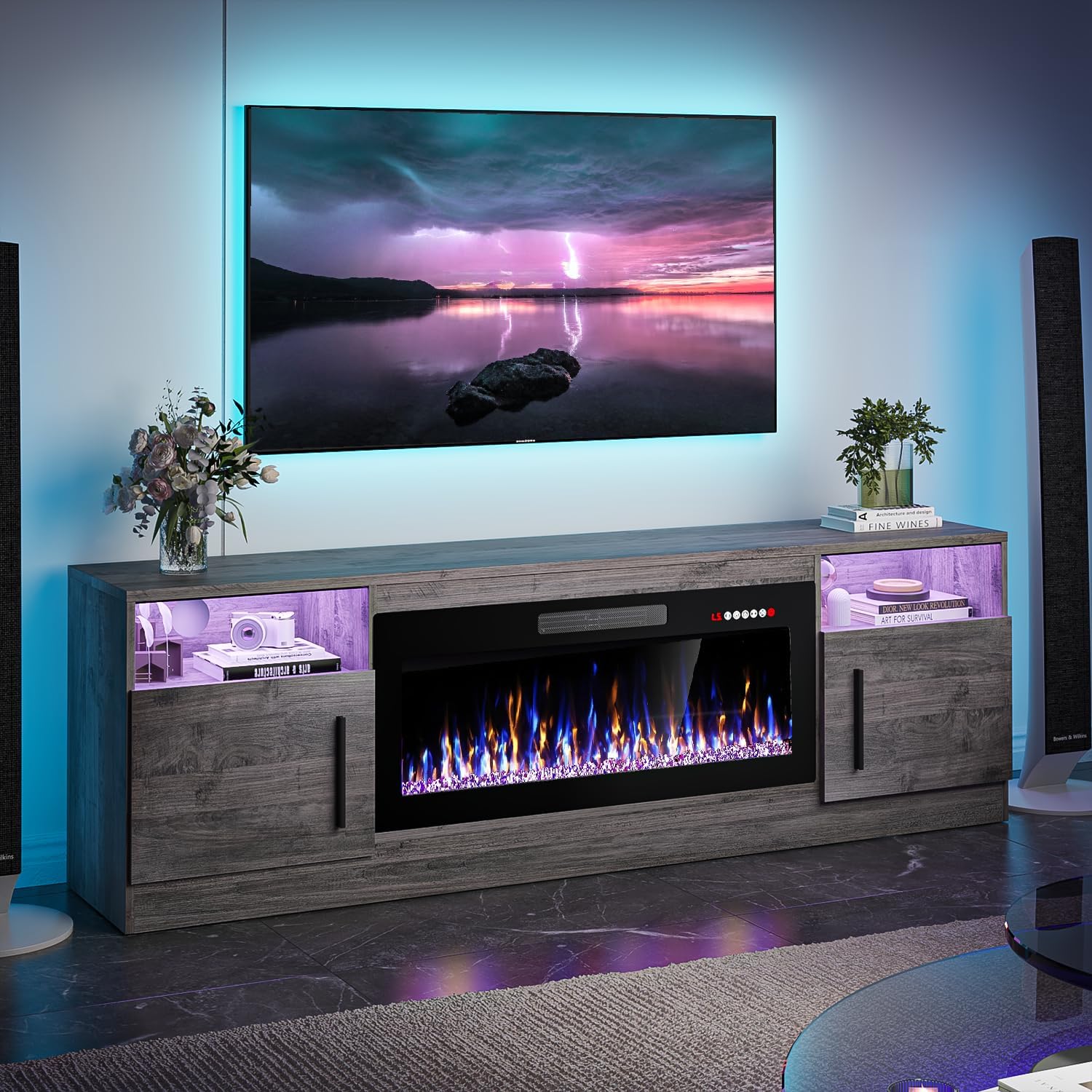 Modern High Gloss Electric Fireplace TV Stand for 80 TVs