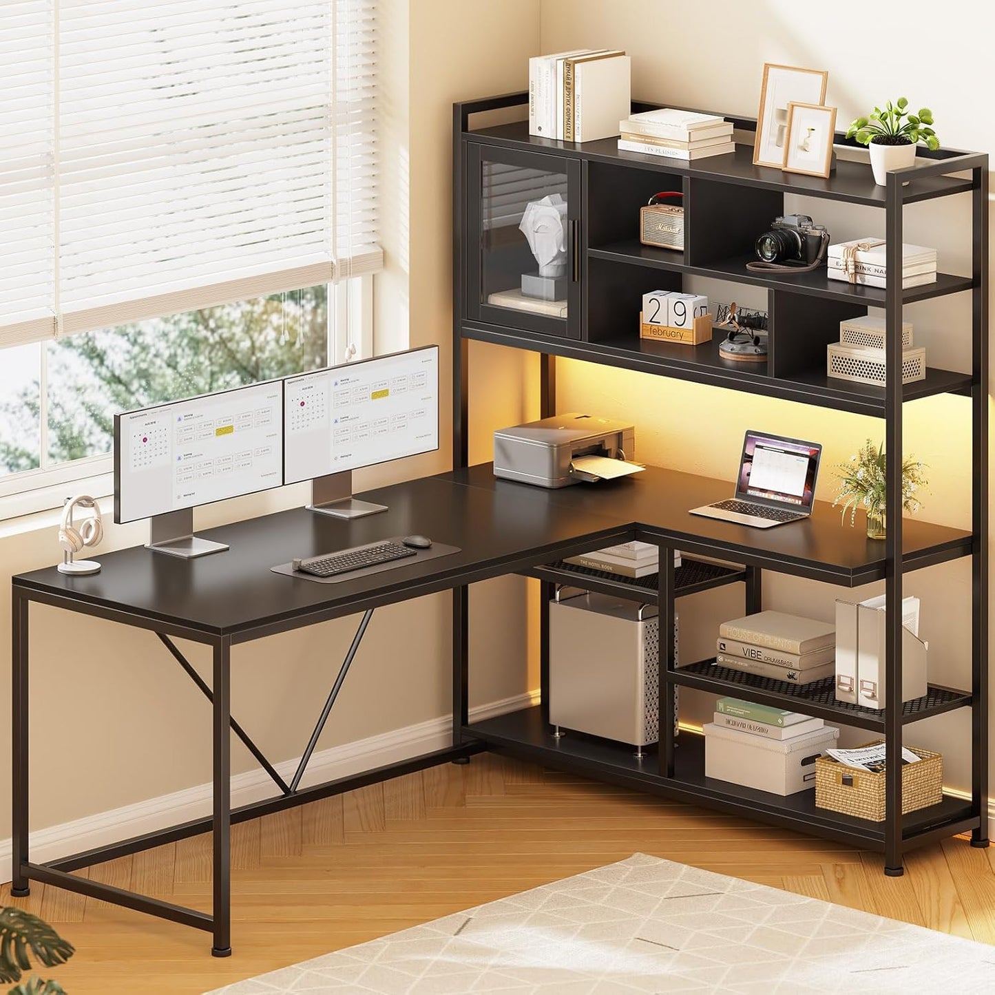 SEDETA L Shaped Computer Desk with LED Light and Bookshelf