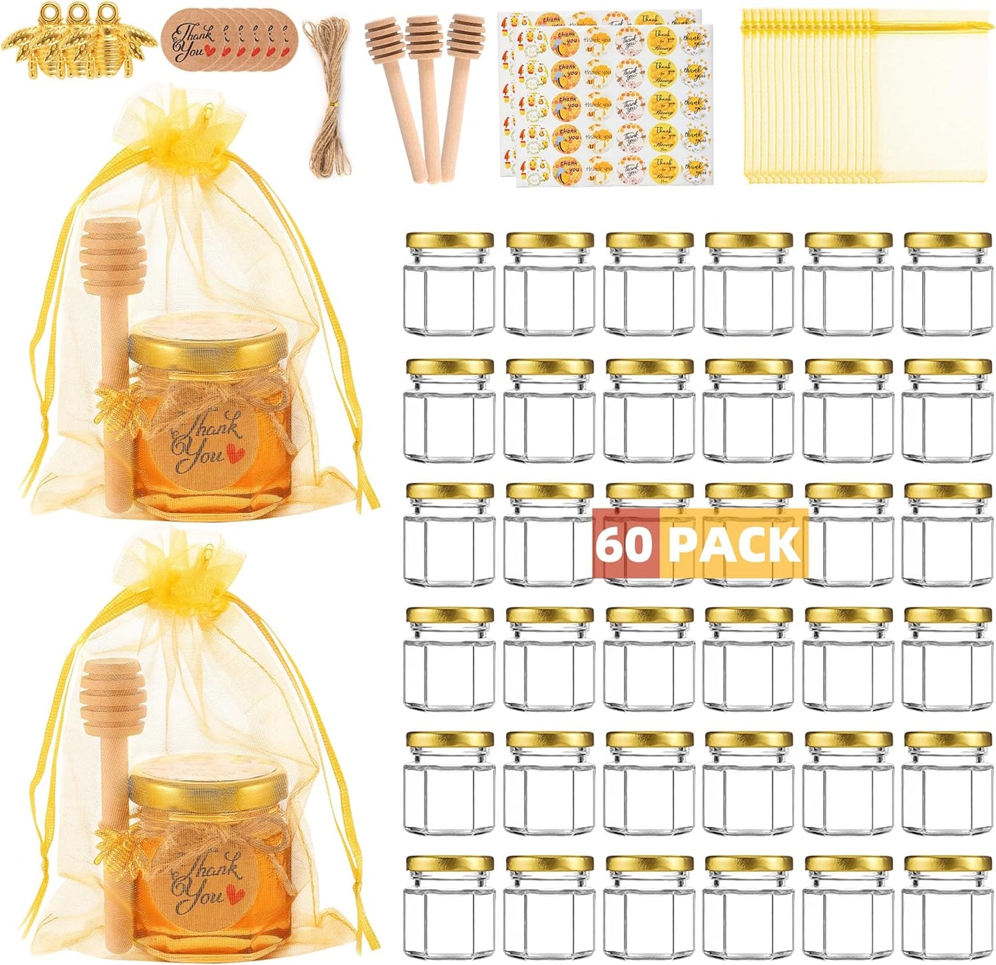 60 Pack Mini Glass Honey Jars with Dippers and Lids for Parties