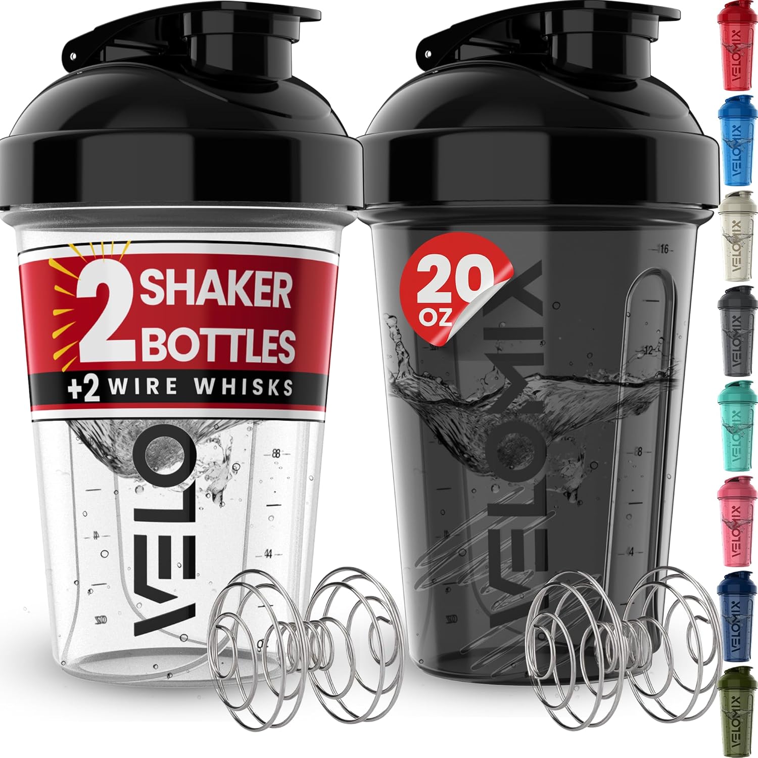 VELOMIX 2 Pack Protein Shaker Bottles - Leak Proof - Dual Whisk Technology