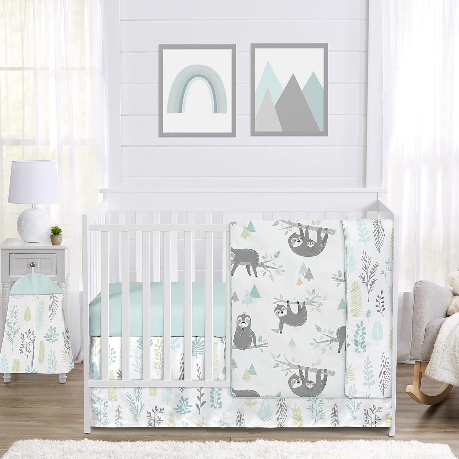 Blue and Grey Jungle Sloth Leaf Baby Nursery Crib Bedding Set