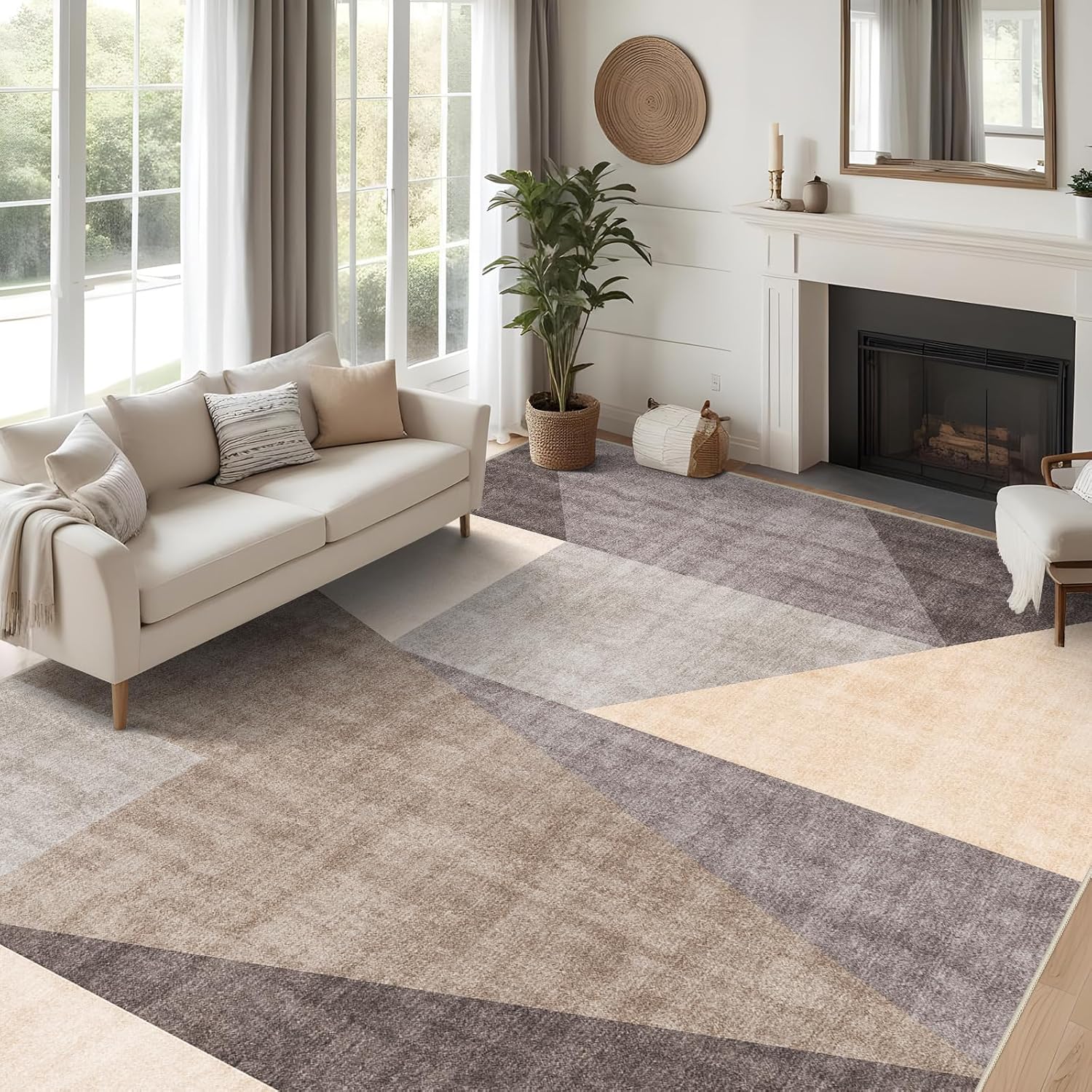 Washable Modern Area Rug: Stylish Geometric Design for Living Room