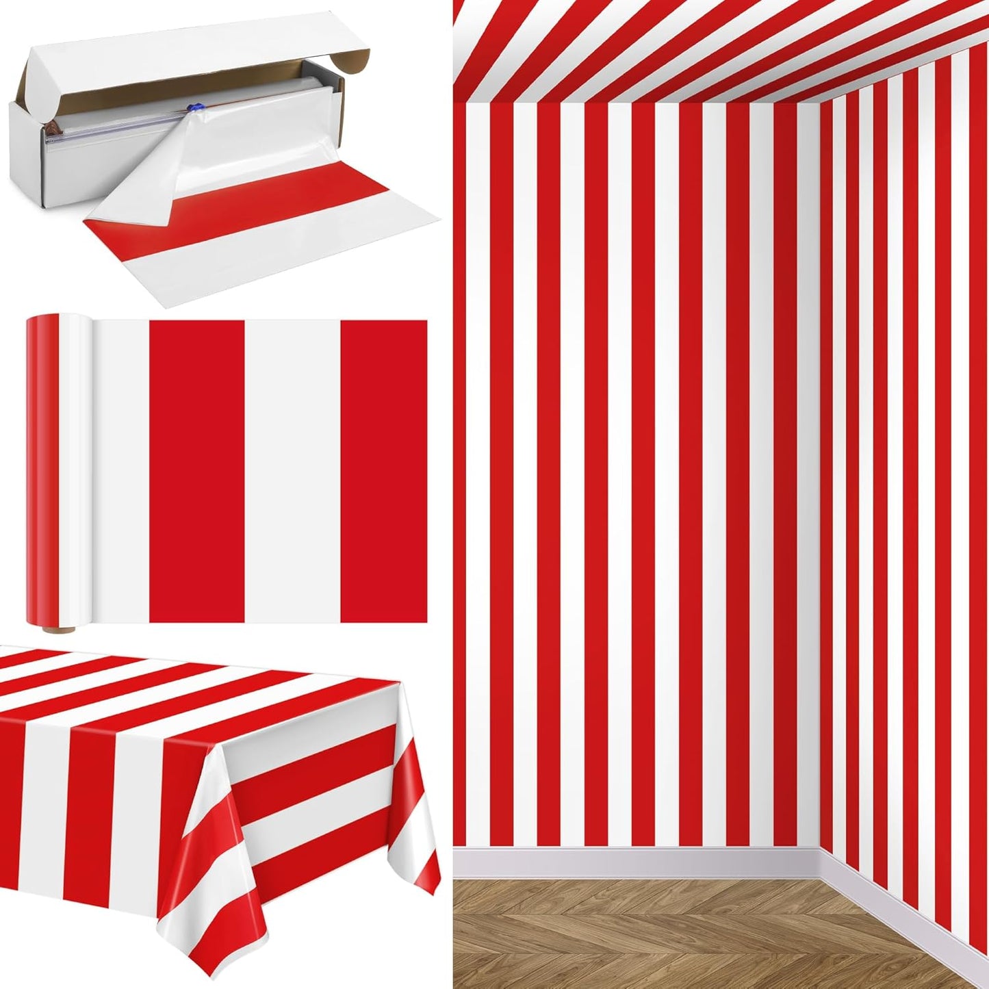 100 Ft Red & White Striped Tablecloth Roll for Carnival Parties