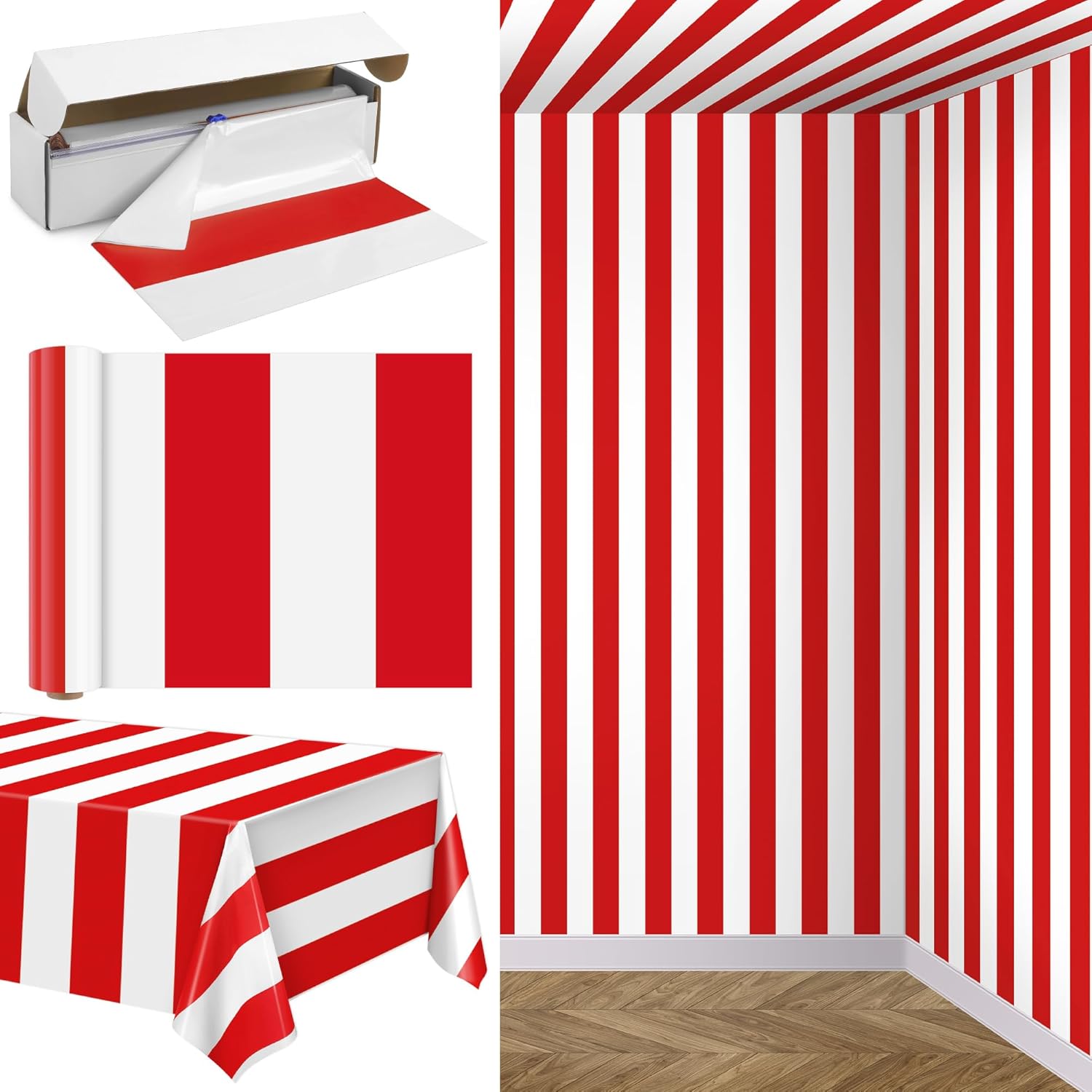 100 Ft Red & White Striped Tablecloth Roll for Carnival Parties