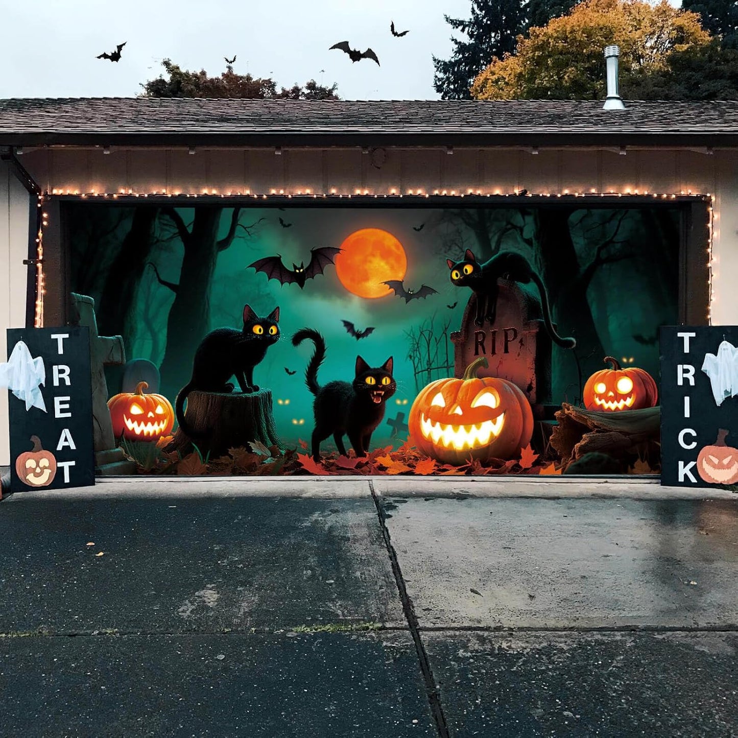 Halloween Garage Door Decorations with Black Cats Design