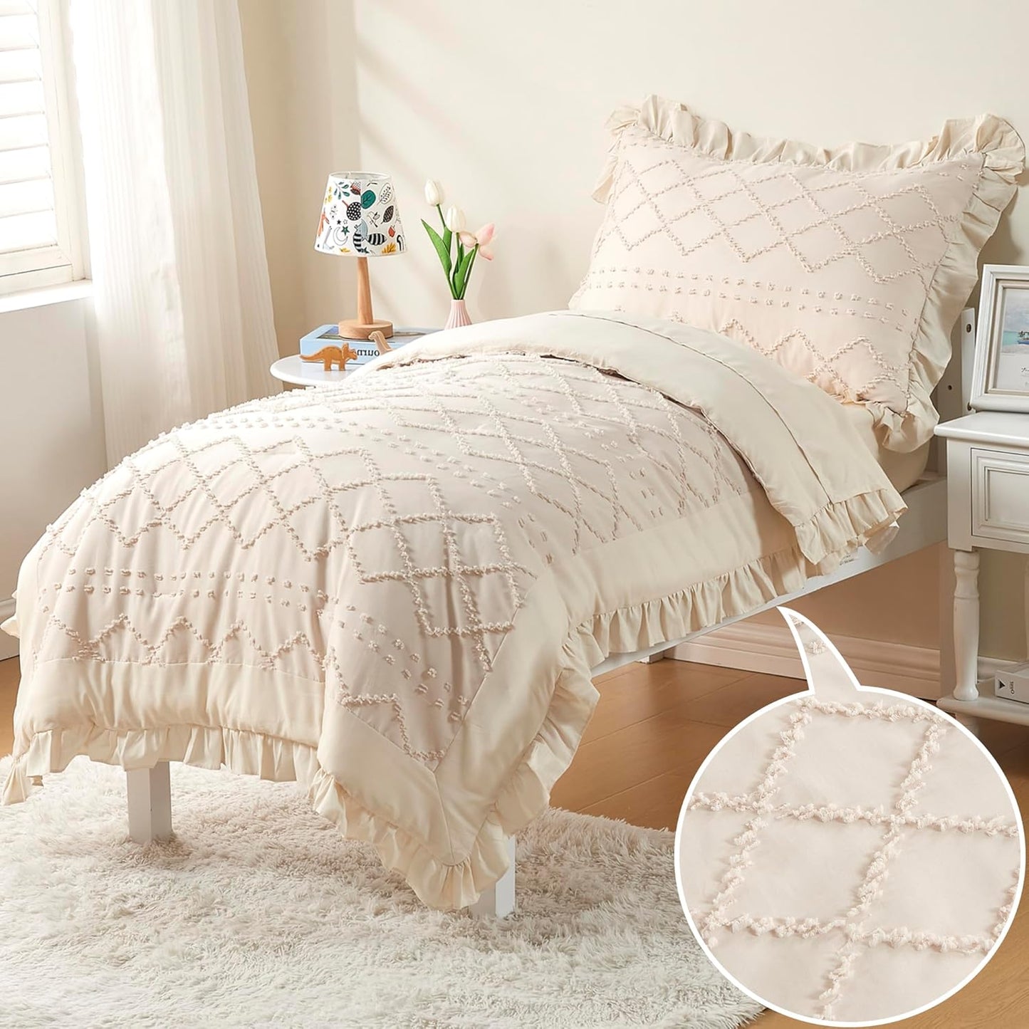 Boho Tufted Toddler Bedding Set for Girls - 4-Piece Comforter