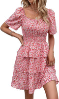 Floral Summer Short Dress Square Neck Boho Swing - Flattering Fit