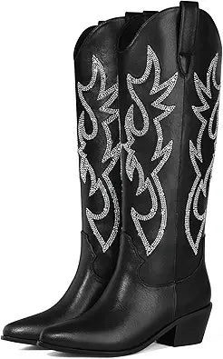 Ouepiano Knee-High Cowboy Boots for Women with Classic Style